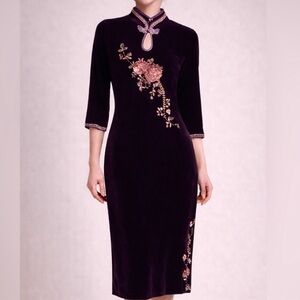 Vicky and Lucas NWT Womens Traditional Purple Velvet Midi Dress Beaded Sz M